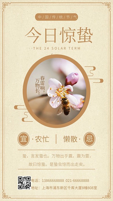 今日惊蛰桃花 蜜蜂棕色中国风海报