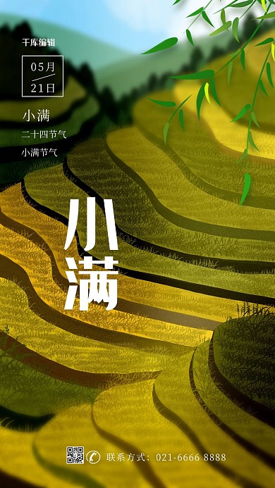 小满节气黄绿色简约海报
