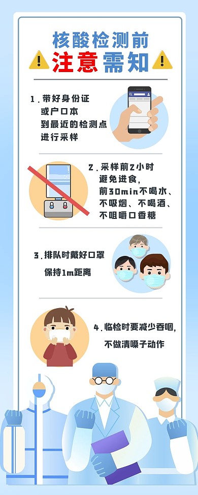 核酸检测检测前注意事项蓝白色系简约风营销长图
