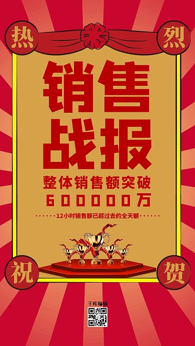 简约复古风红色喜庆销售战报海报