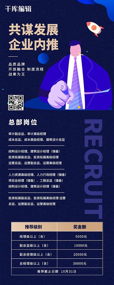 企业招聘内推蓝色简约营销长图