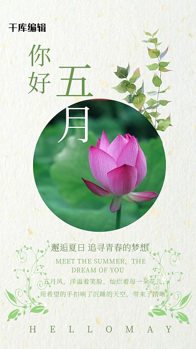 五月你好荷花绿色简约风海报