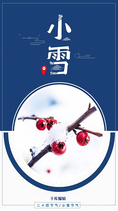 蓝色红色中国风海报小雪冬天雪中植物蓝色红色中国风海报