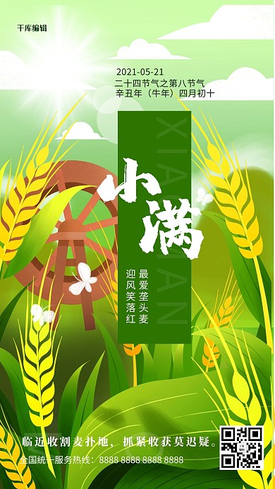 小满节气绿色插画风海报