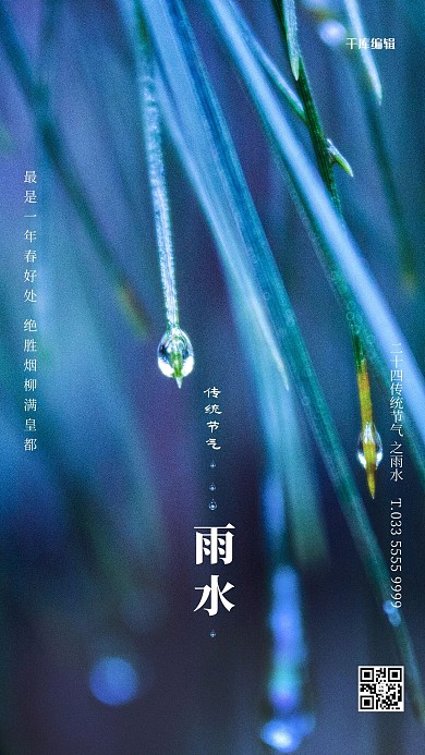 雨水水滴树叶蓝色写实海报