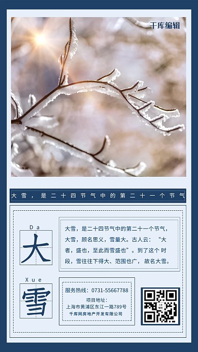 大雪二十四节气蓝色简约海报