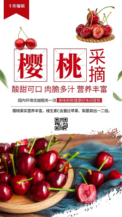 游玩樱桃采摘红色创意海报