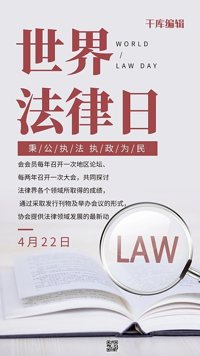 世界法律日放大镜灰色简约风海报