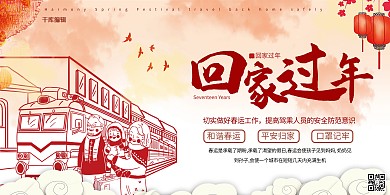 春运回家过年火车红色卡通展板