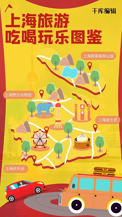 上海攻略景点分布红黄简约海报
