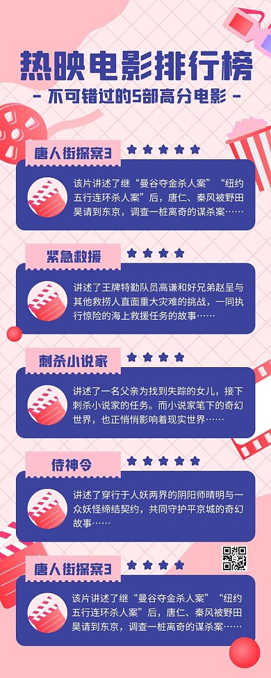 电影推荐热映排行榜粉蓝色插画手绘卡通可爱营销长图