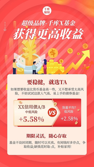 金融理财金币红色扁平海报