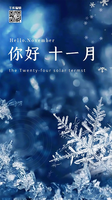 你好十一月雪花蓝色简约海报