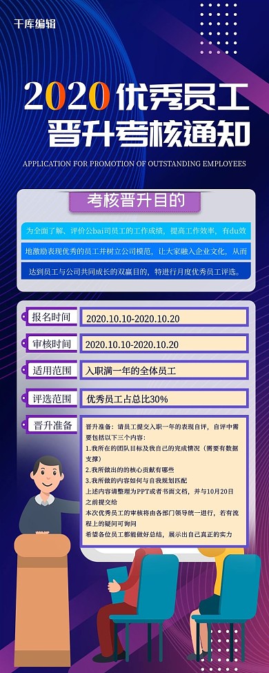 员工晋升几何蓝色渐变长图