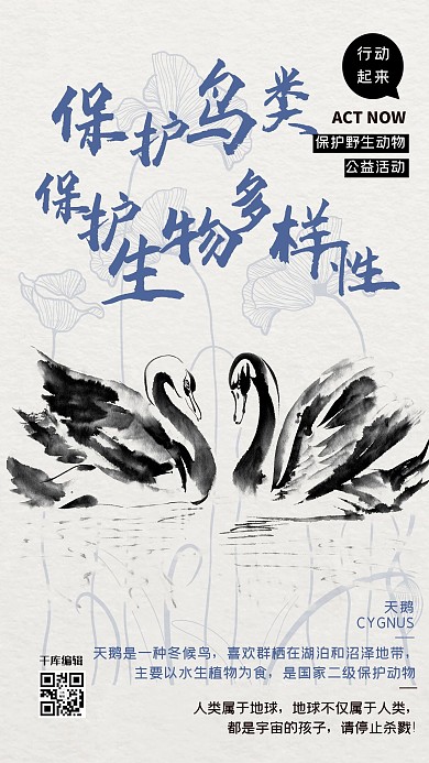 公益保护动物天鹅蓝色水墨风海报