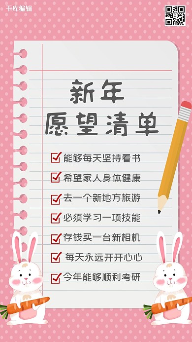 千库编辑原创新年愿望通知兔子 纸粉色卡通海报