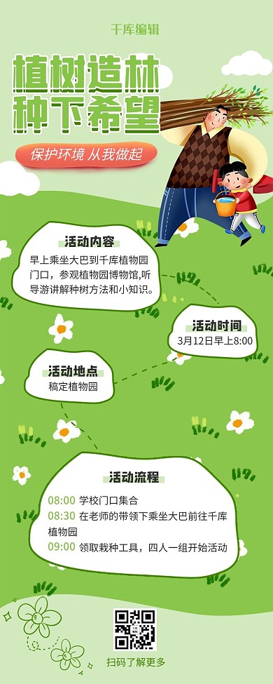 植树节小人绿色卡通营销长图