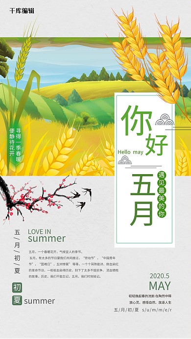 你好五月小麦梅花鸟绿色简约海报