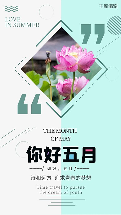 你好五月荷塘荷花青色简约海报