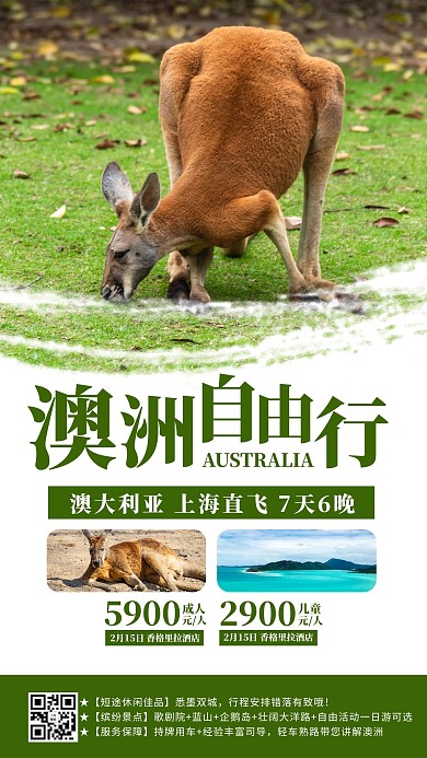 澳洲自由行袋鼠绿色简约风格海报