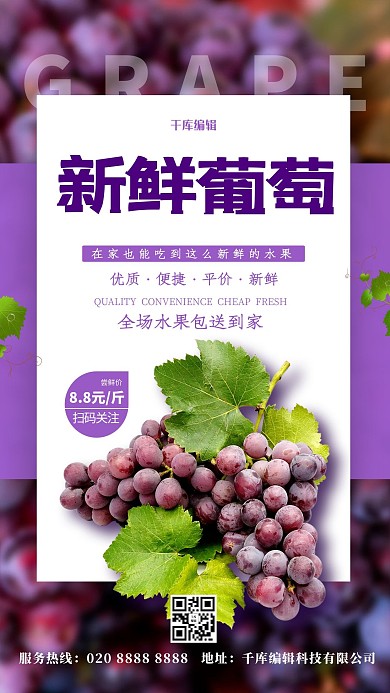 新鲜葡萄紫色简约海报