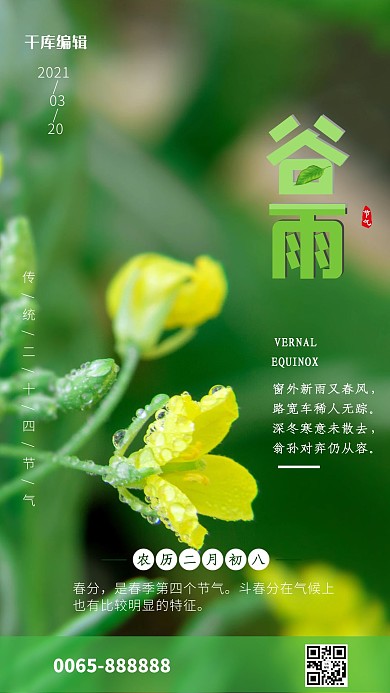 谷雨背景花绿色简约风海报海报24节气海报