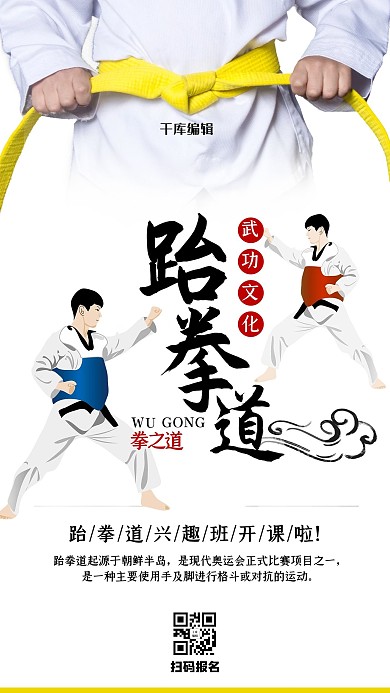 跆拳道扁平人物黑色中国风海报