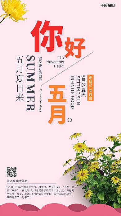 你好五月菊花粉色简约海报