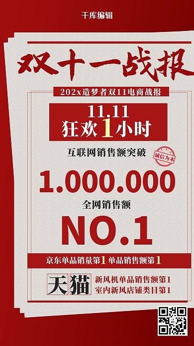 红色简约双十一战报海报