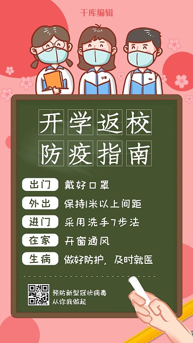 千库编辑原创开学返校防疫指南学生粉色简约海报