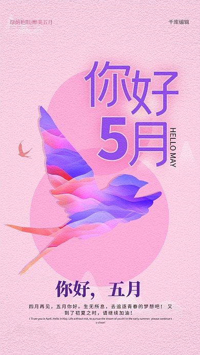 你好五月燕子粉色创意海报