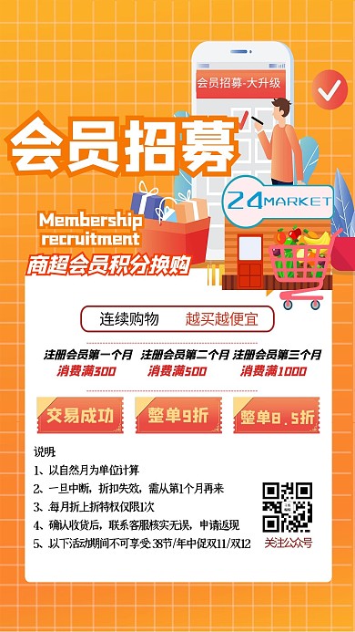 会员招募人物超市插画黄色扁平海报