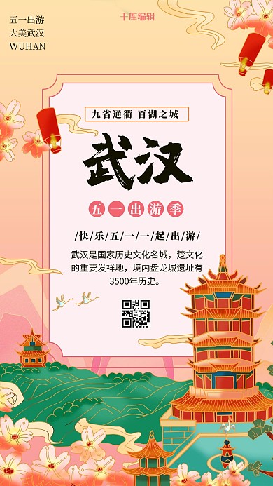 城市旅游武汉淡红色国潮风海报