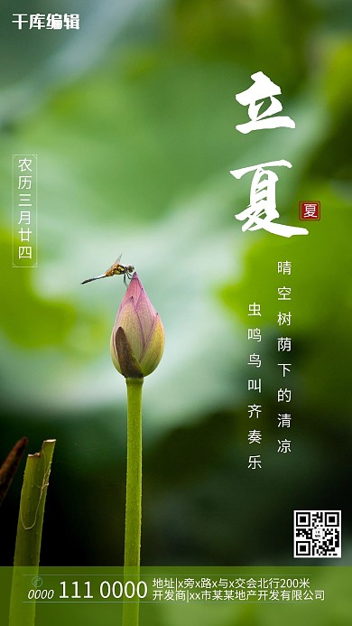 二十四节气立夏荷花绿色简约海报
