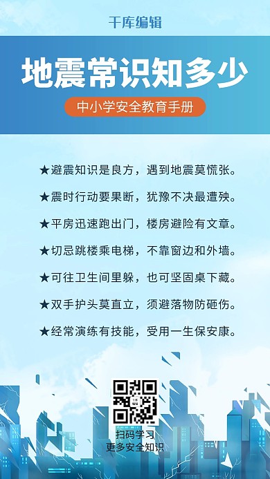 地震知识城市废墟蓝色简约风海报