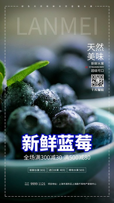 水果蓝莓蓝色创意海报