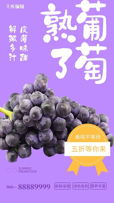 水果促销葡萄紫色简约风海报