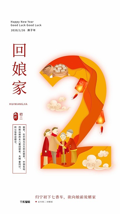 鼠年习俗简约2020新年大年初二海报