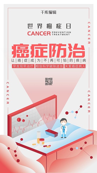 世界癌症日扁平插画风红色海报