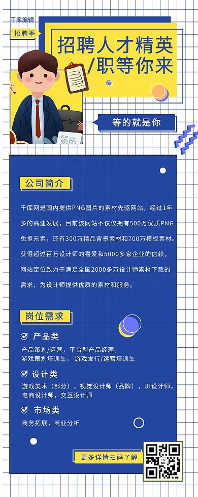 千库编辑原创招聘企业招募蓝色简约营销长图