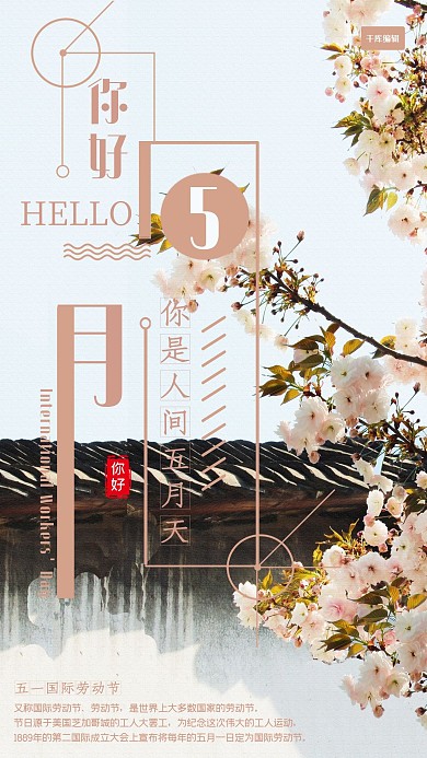 你好五月桃花屋顶粉色系简约海报