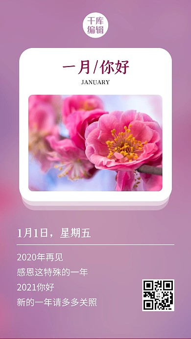 一月你好梅花紫色简约风手机海报