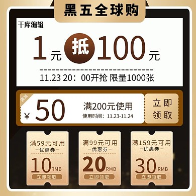黑五购物节优惠券黑金简约电商主图