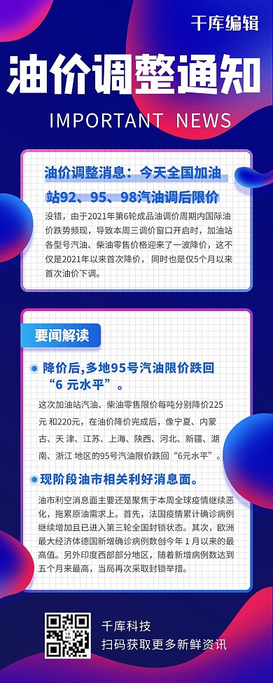 调价通知油价降价通知公告蓝紫色渐变简约营销长图