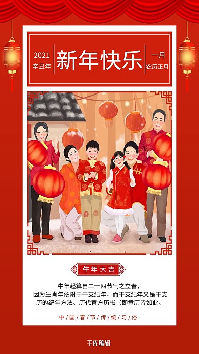 新年快乐灯笼 全家福红色简约风海报
