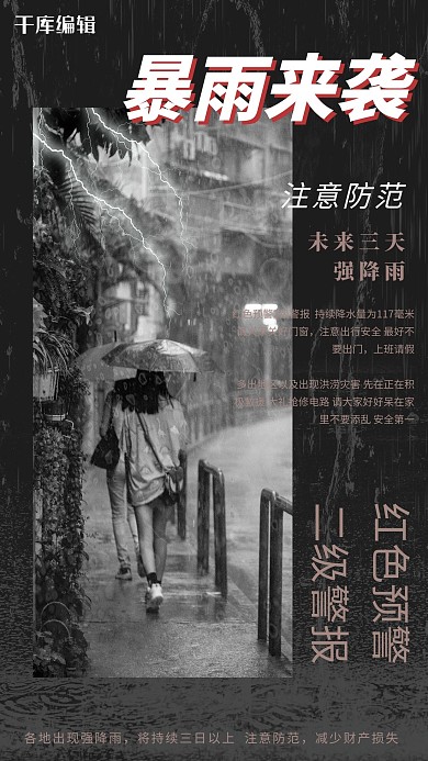 防洪暴雨预警黑色简约海报