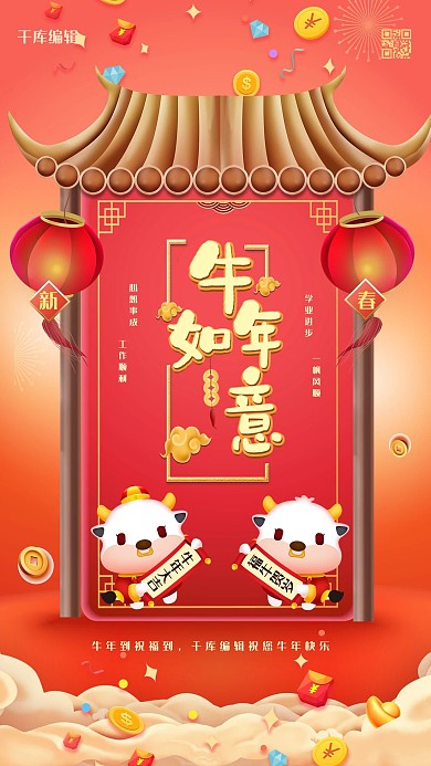 牛年如意牛红色合成中国风海报