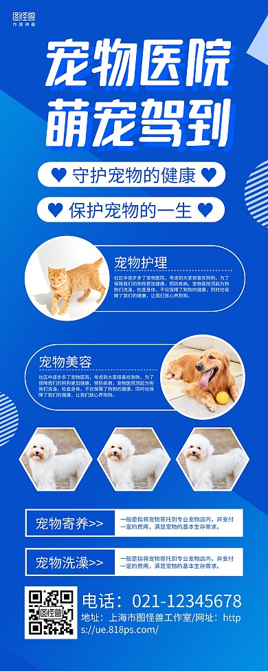 蓝色大气宠物医院宣传易拉宝