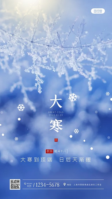 大寒传统节气蓝色雪景雪花摄影图海报