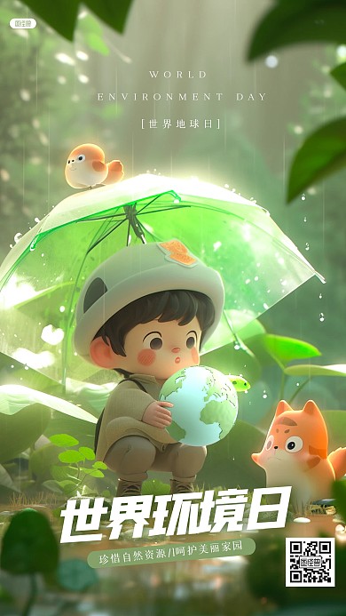 卡通可爱世界环境日3D海报